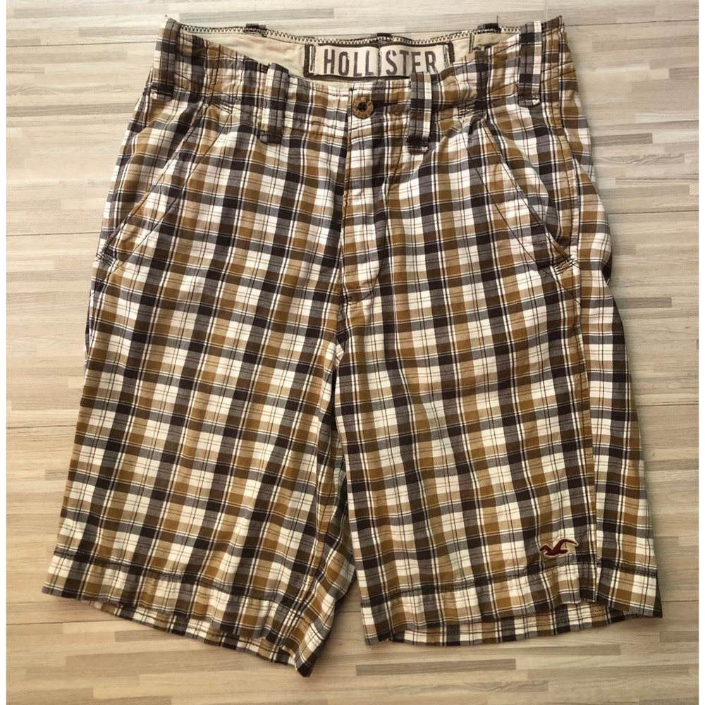 Hollister, Men's Bermuda Shorts, Brown Plaid, Button Fly, 9" Inseam, Size 28